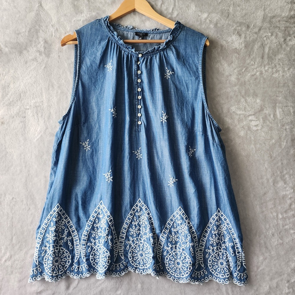 Talbots Top Womens Size 2X Blue Chambray Denim Embroidered Eyelet Lace Ruffle